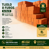 Tijolos de Bloco 8 Furos - 9X19X19 Região do Cariri -CE